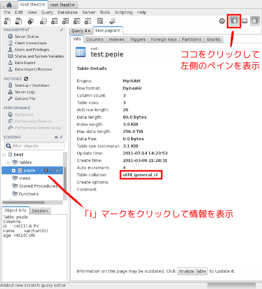 MySQL Workbench community 6.2 でのテーブル情報取得